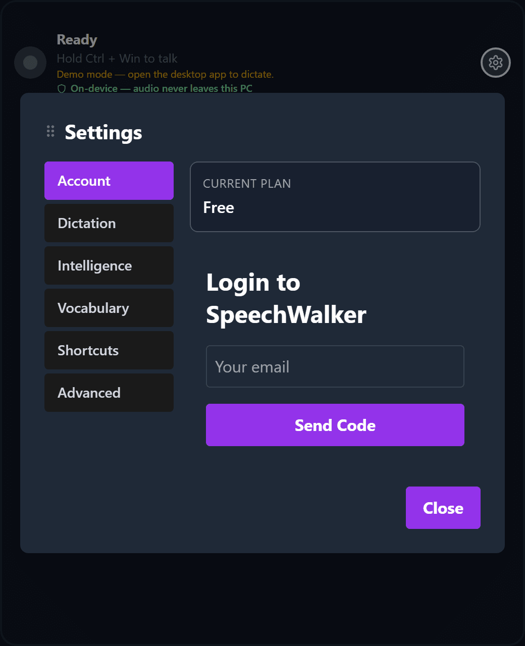 SpeechWalker settings for dictation and account